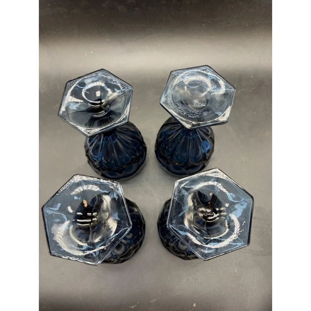 Vintage Cobalt Blue Glass Goblets Thumbprint Kings‎ Crown Water Wine Set of 4